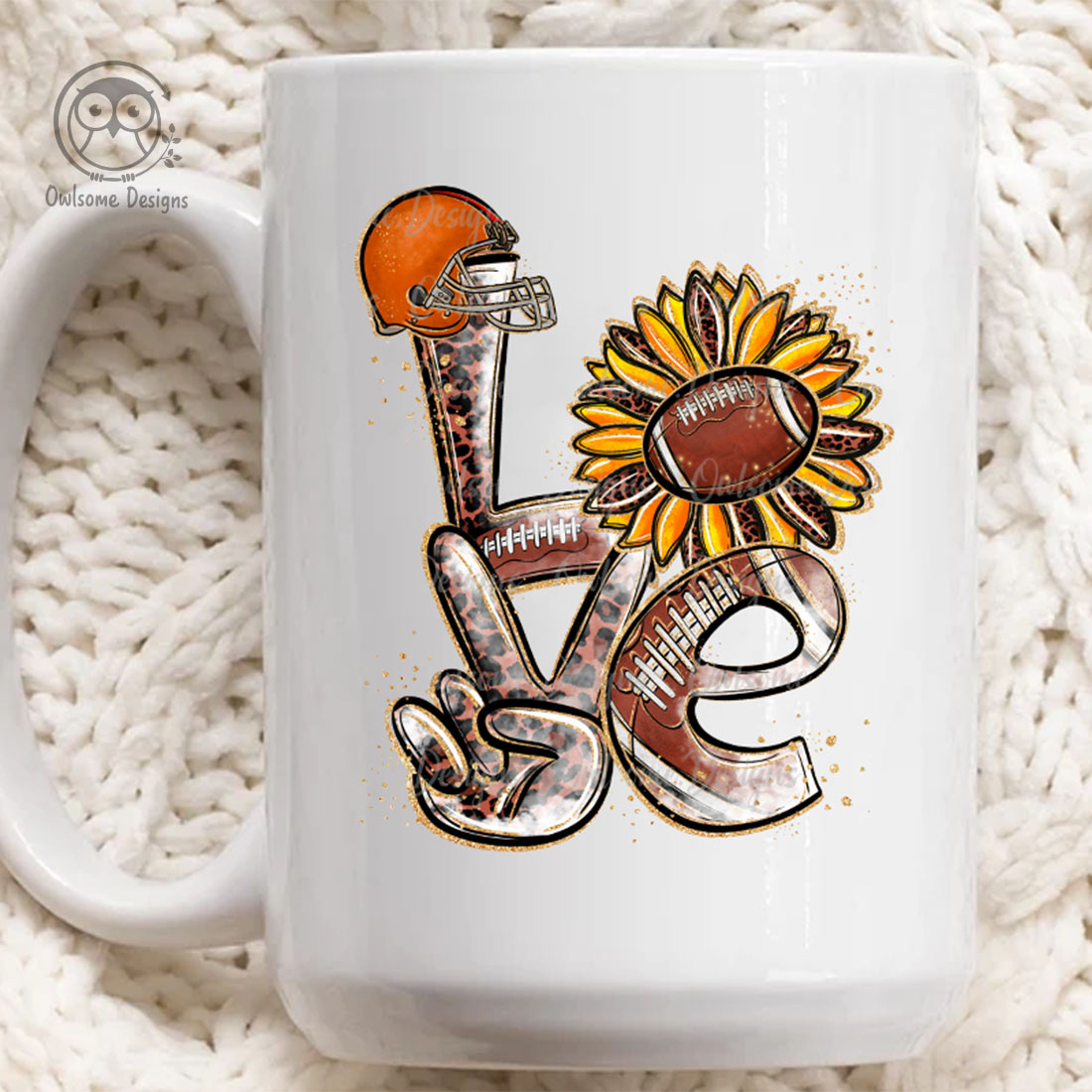 Image of a white cup with a colorful inscription Love with elements of football.
