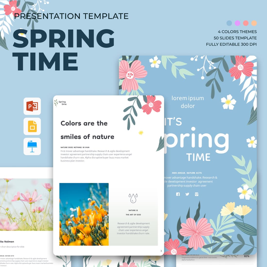Bundle of images of irresistible presentation slides on the theme of spring.