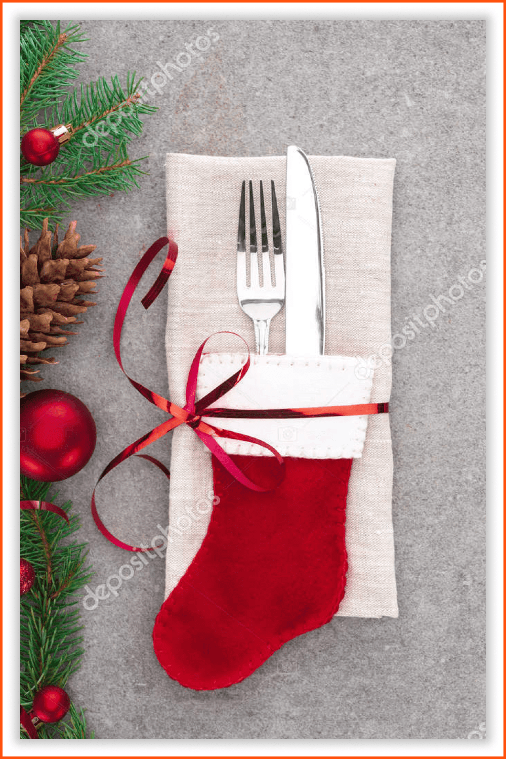 Photo of a gift red sock with a fork and knife in it.
