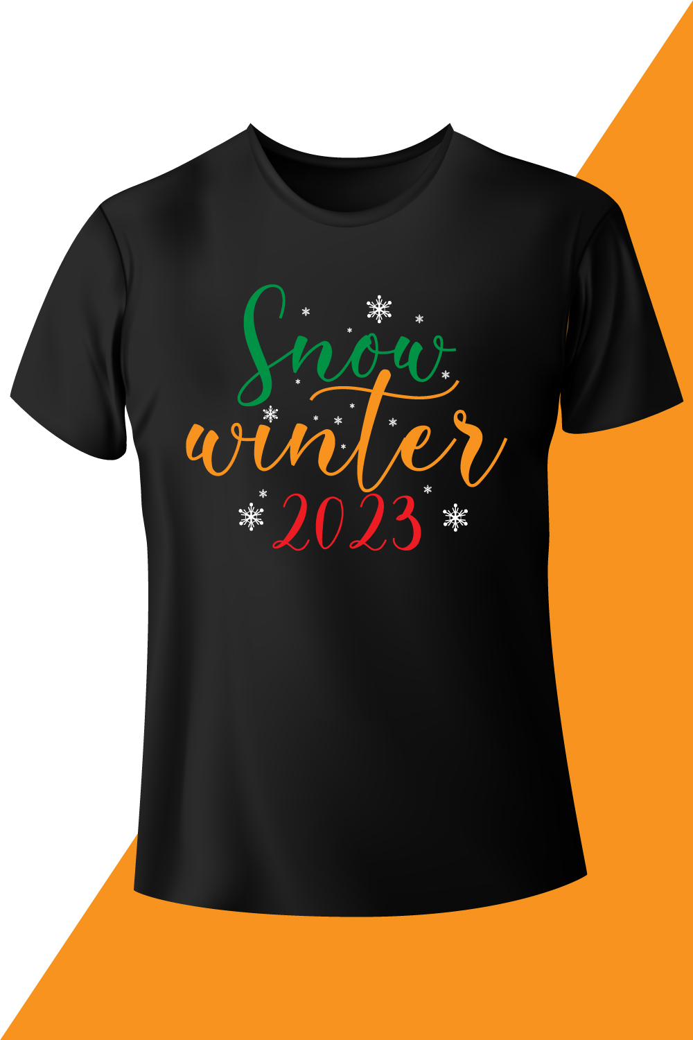 Image of black t-shirt with charming print Snow Winter 2023.