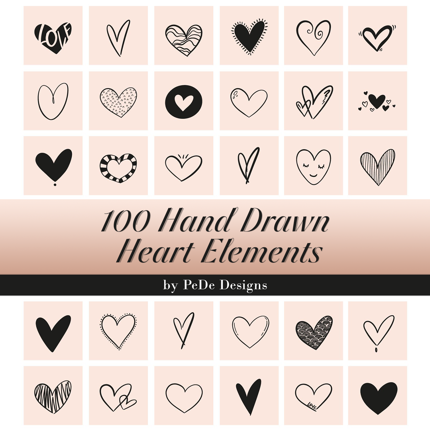 100 Hand Drawn Heart Elements.