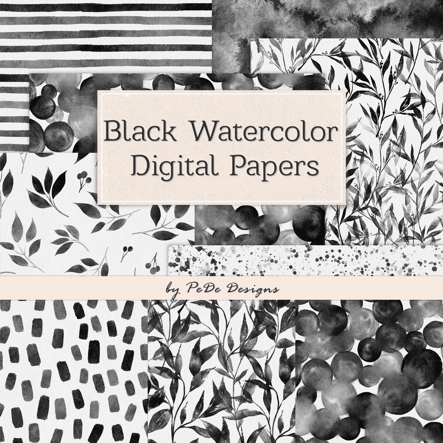 Black Watercolor Digital Papers cover.