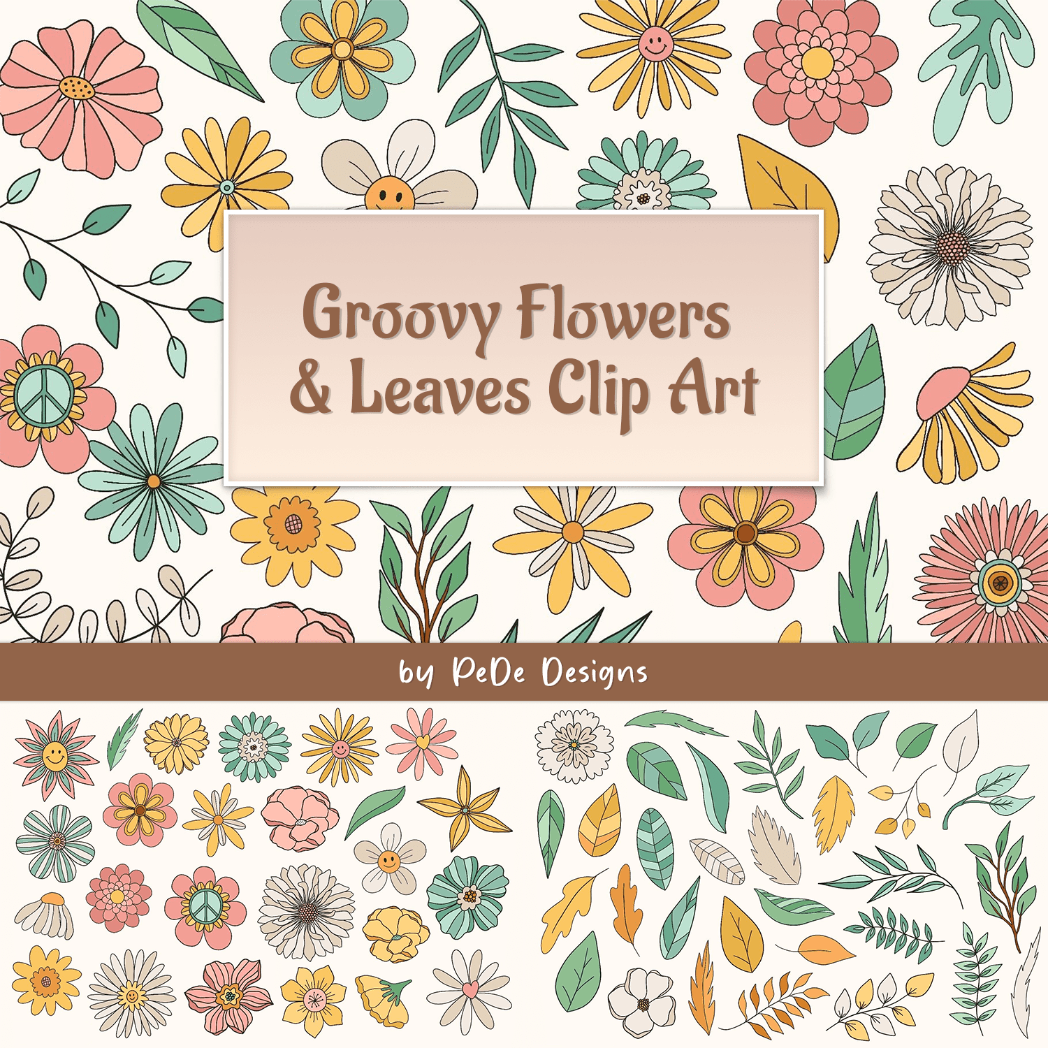 Groovy Flowers & Leaves Clip Art cover.
