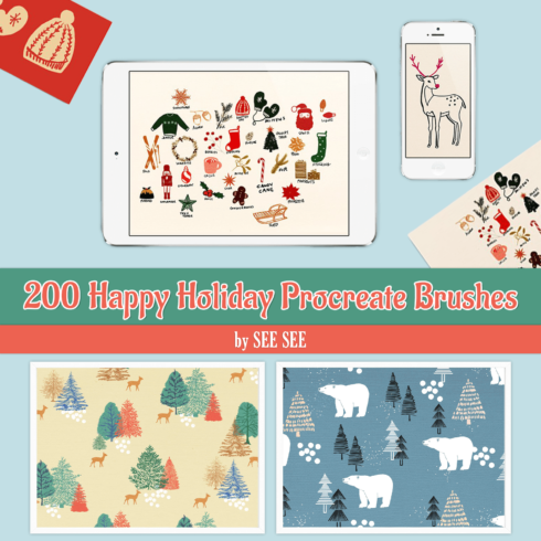 200 Happy Holiday Procreate Brushes - main image preview.