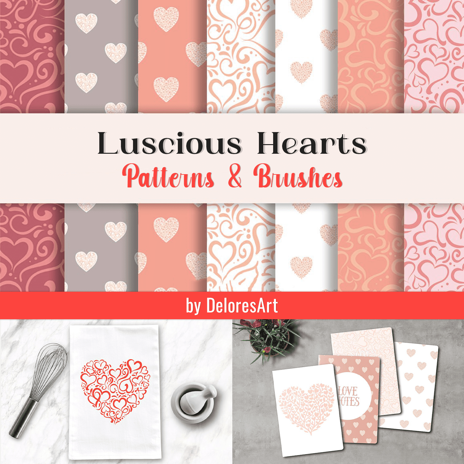 Luscious Hearts Patterns & Brushes cover.