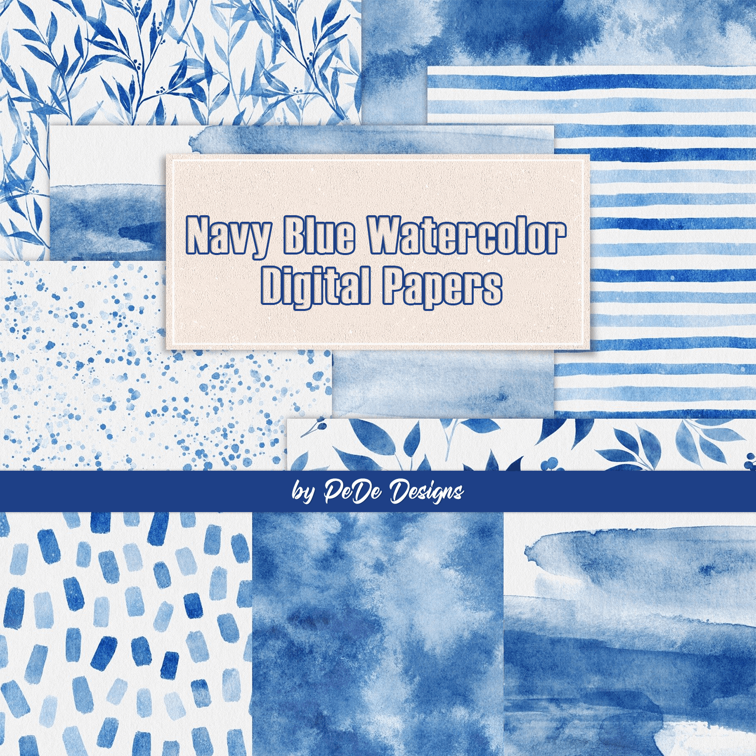 Navy Blue Watercolor Digital Papers.