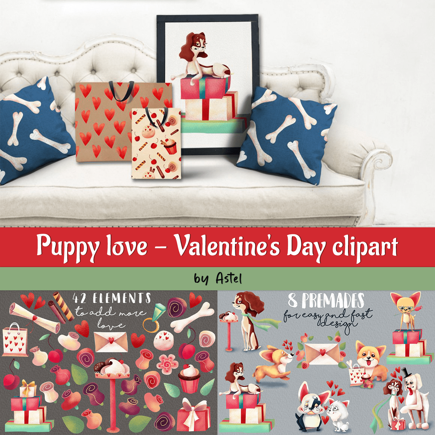 Puppy love. Valentine's Day clipart cover.