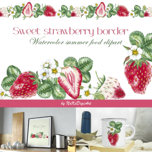 Sweet Strawberry Border | Watercolor Summer Food Clipart PNG.