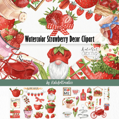 Watercolor Strawberry Decor Clipart. Farmhouse Kitchen Decor.