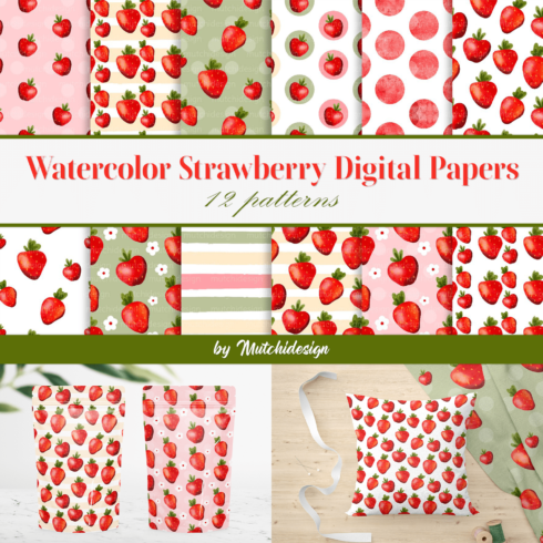 Watercolor Strawberry Digital Papers - main image preview.