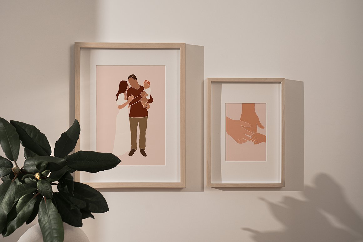 Paintings of family in wooden frames on the wall.