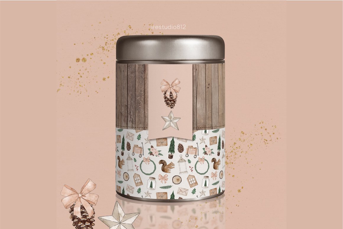 A can with a watercolor christmas illustration on a pink background.