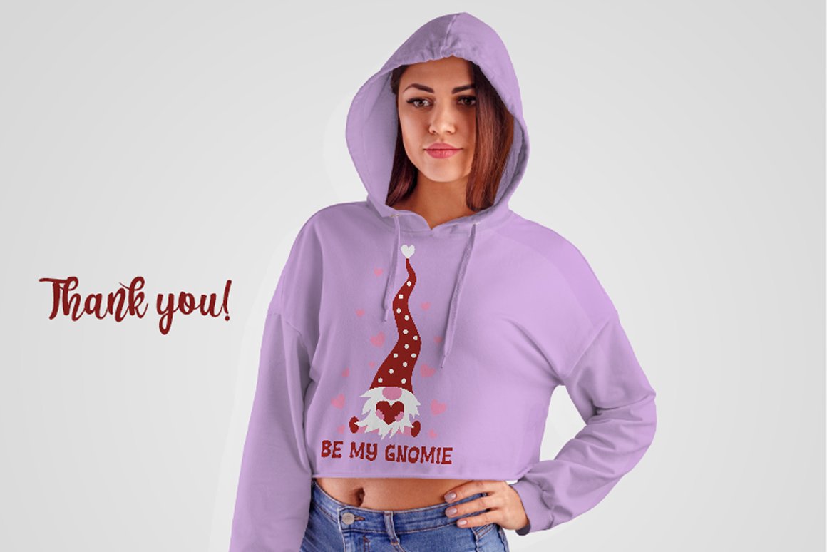 Red lettering "Thank you!" and lavender sweatshirt with illustrations of a valentine's gnome.