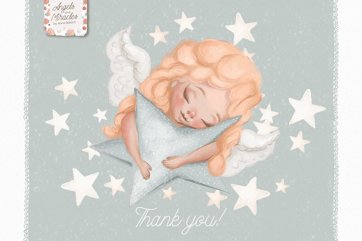 Illustration of an angel with a pillow-star and white lettering "Thank you".