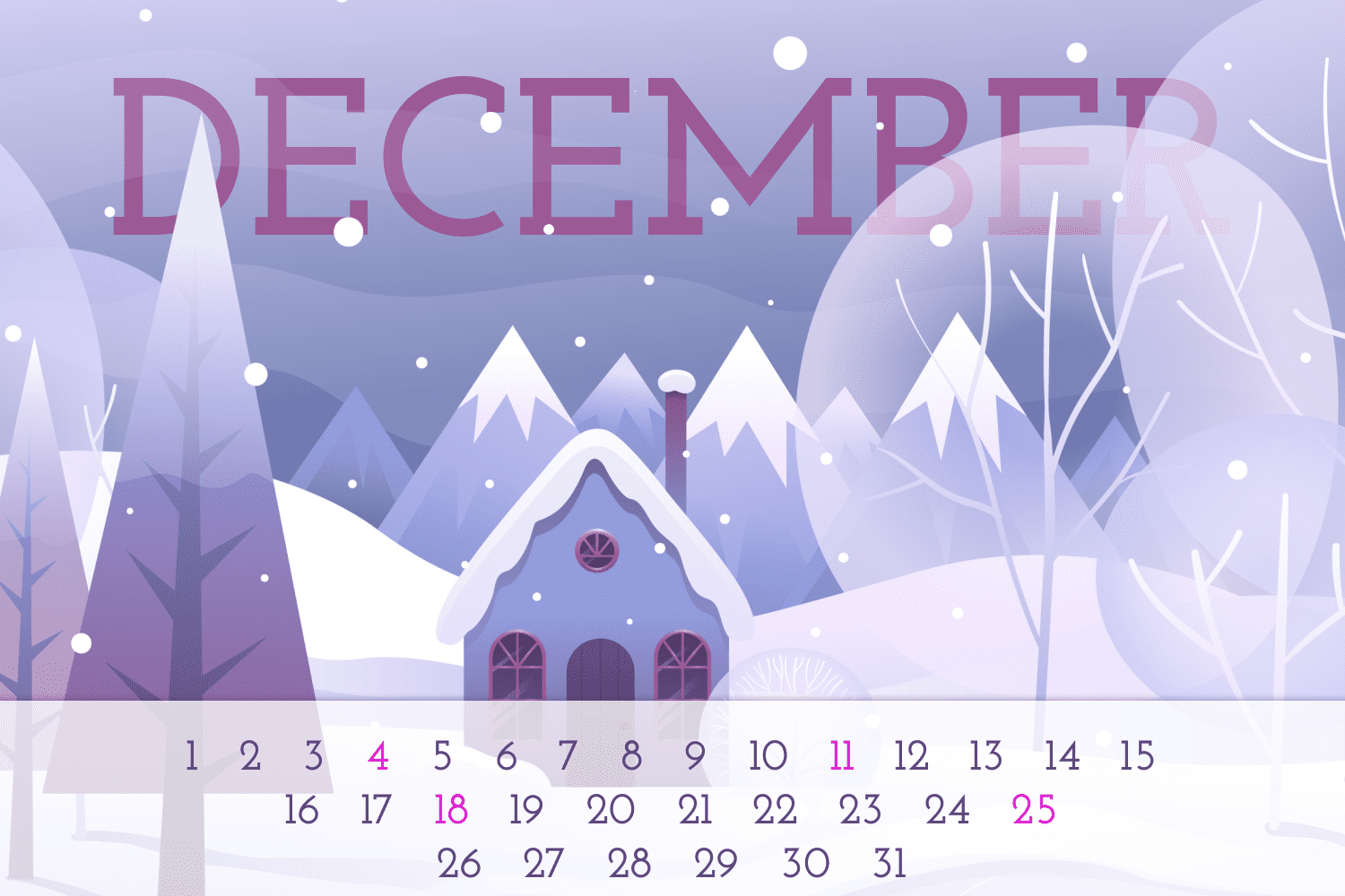 December calendar with delicate lilac and white houses and threes.