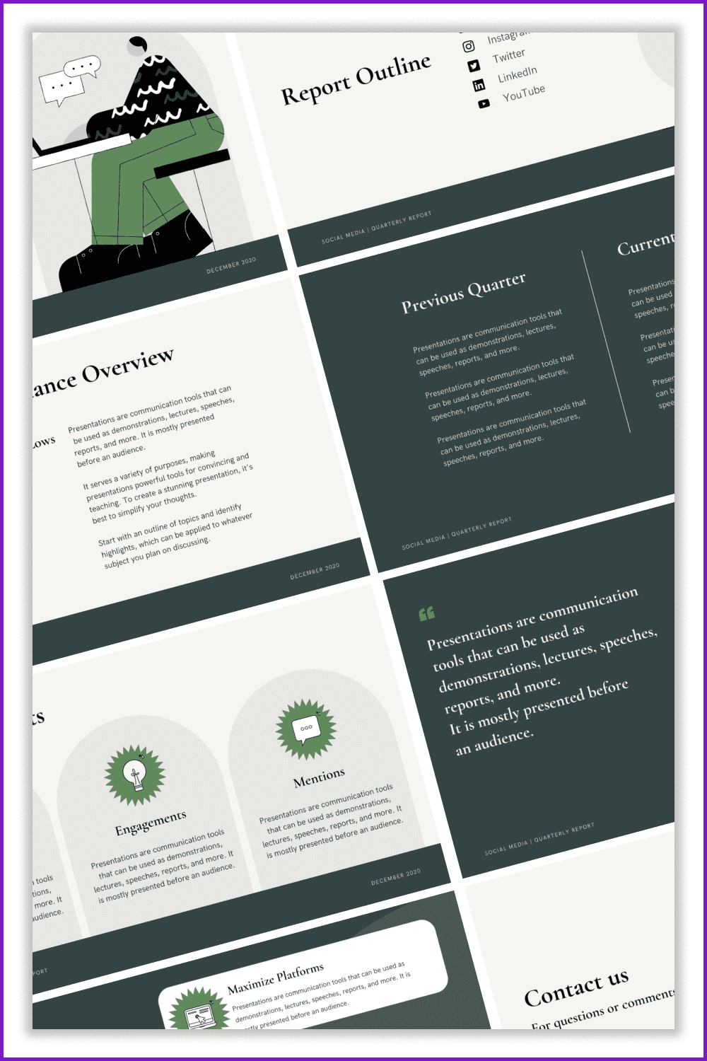 Collage of presentation pages with gray and green background and drawn images.