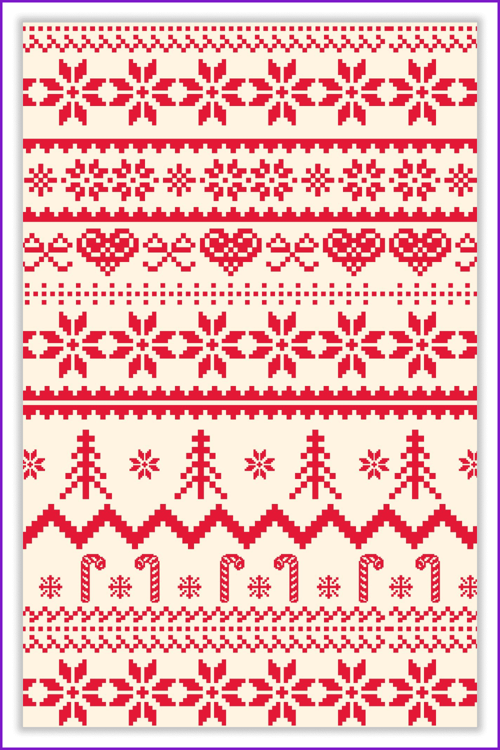 Image of an ethnic pattern with Christmas trees and red snowflakes on a beige background.