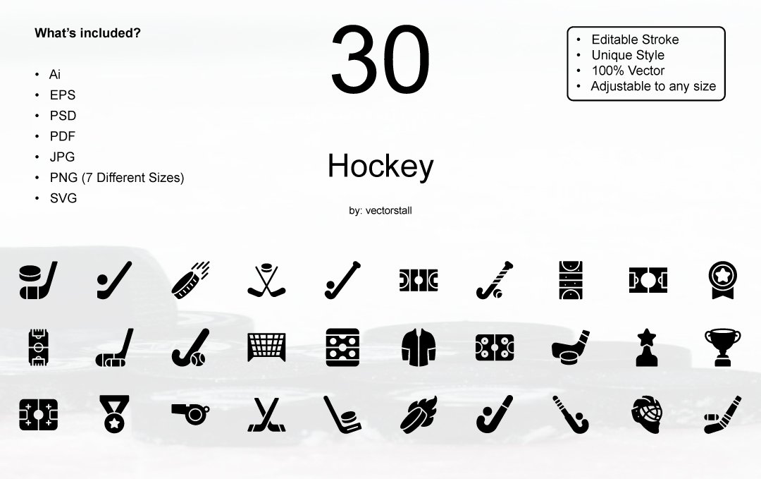 Black lettering "30 Hockey" and different black hockey icons on a white background.