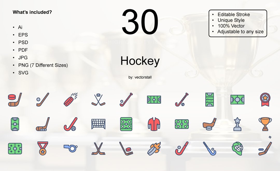 Black lettering "30 Hockey" and different color hockey icons on a gray background.