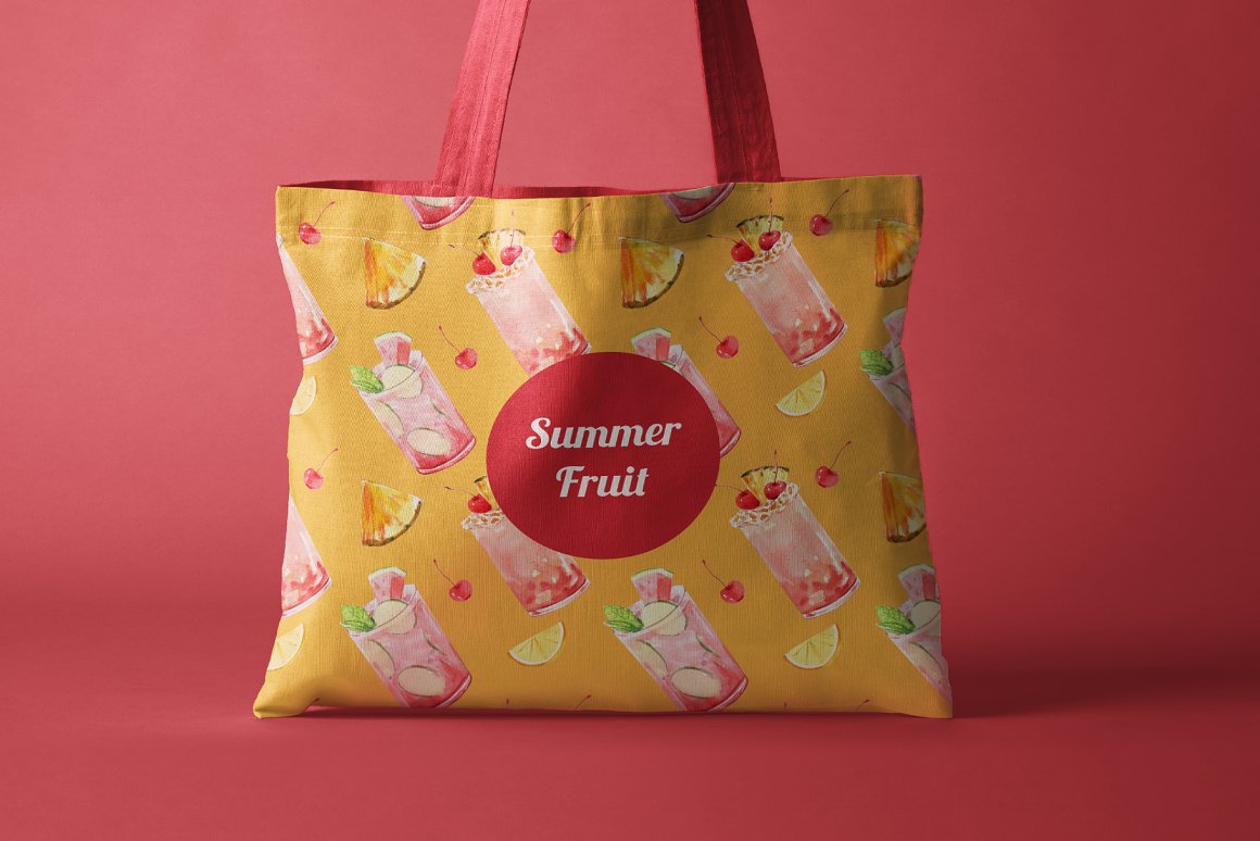 Orange bag with white lettering "Summer Fruit" and illustrations of drinks on a pink background.