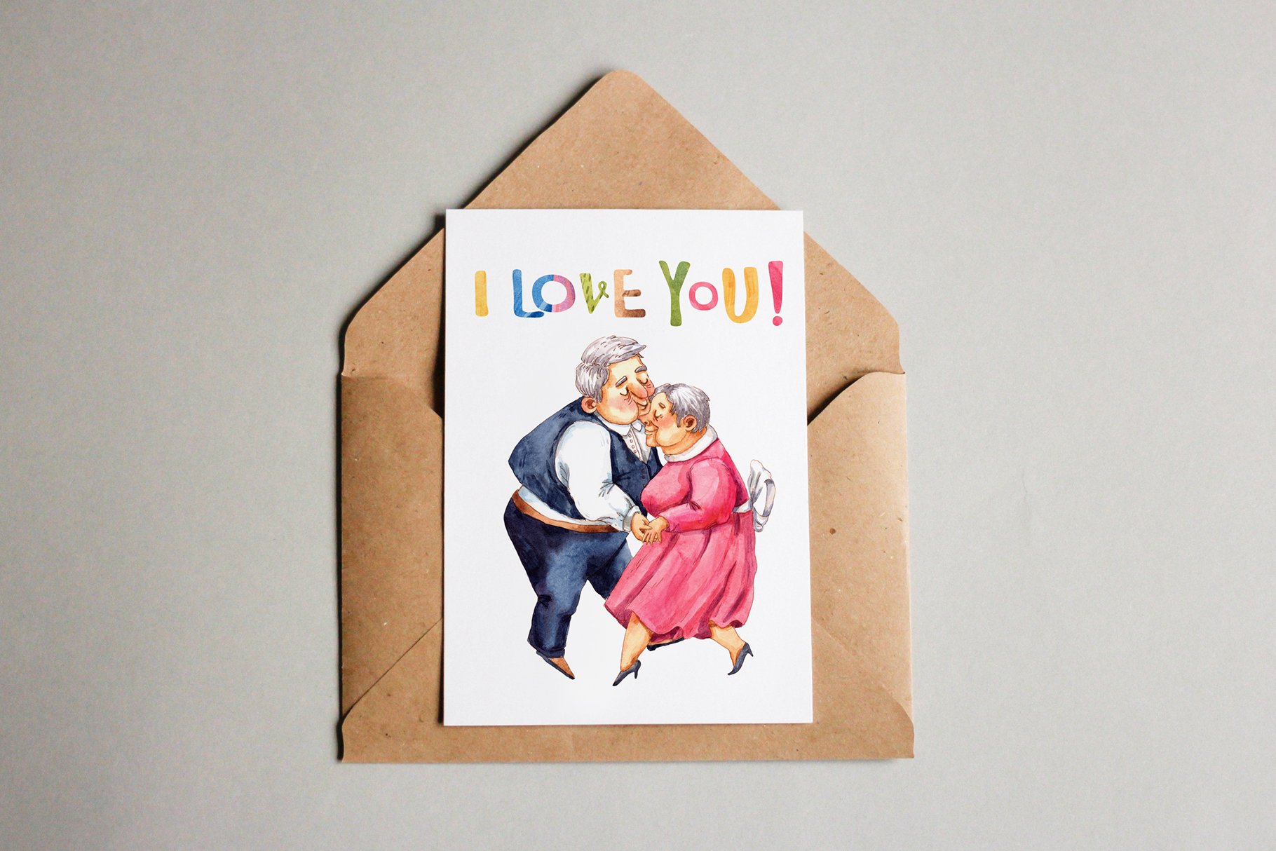 Greeting card with lovely old couple.