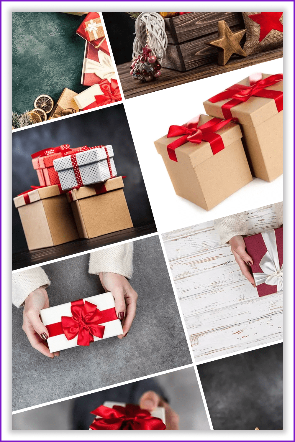 Collage of photos of gifts with red bows.
