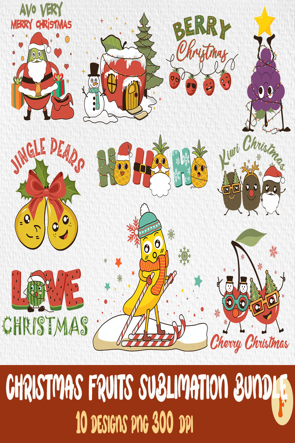 Christmas Cute Fruits Sublimation T-Shirt Designs pinterest image.