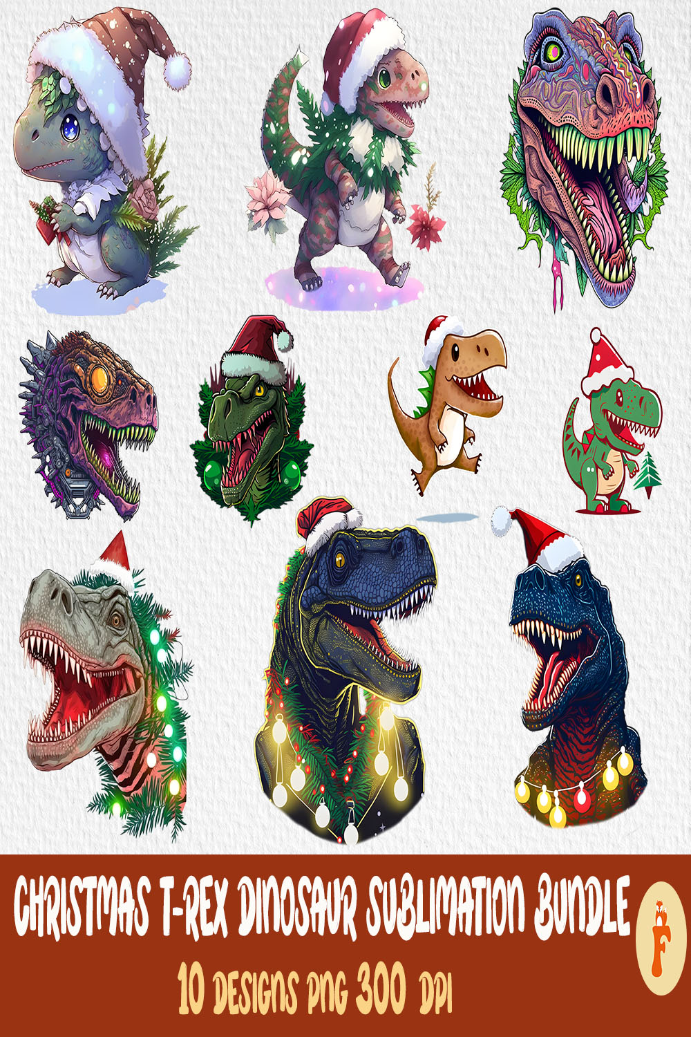 Pack of colorful images of dinosaurs in Santa's hat.
