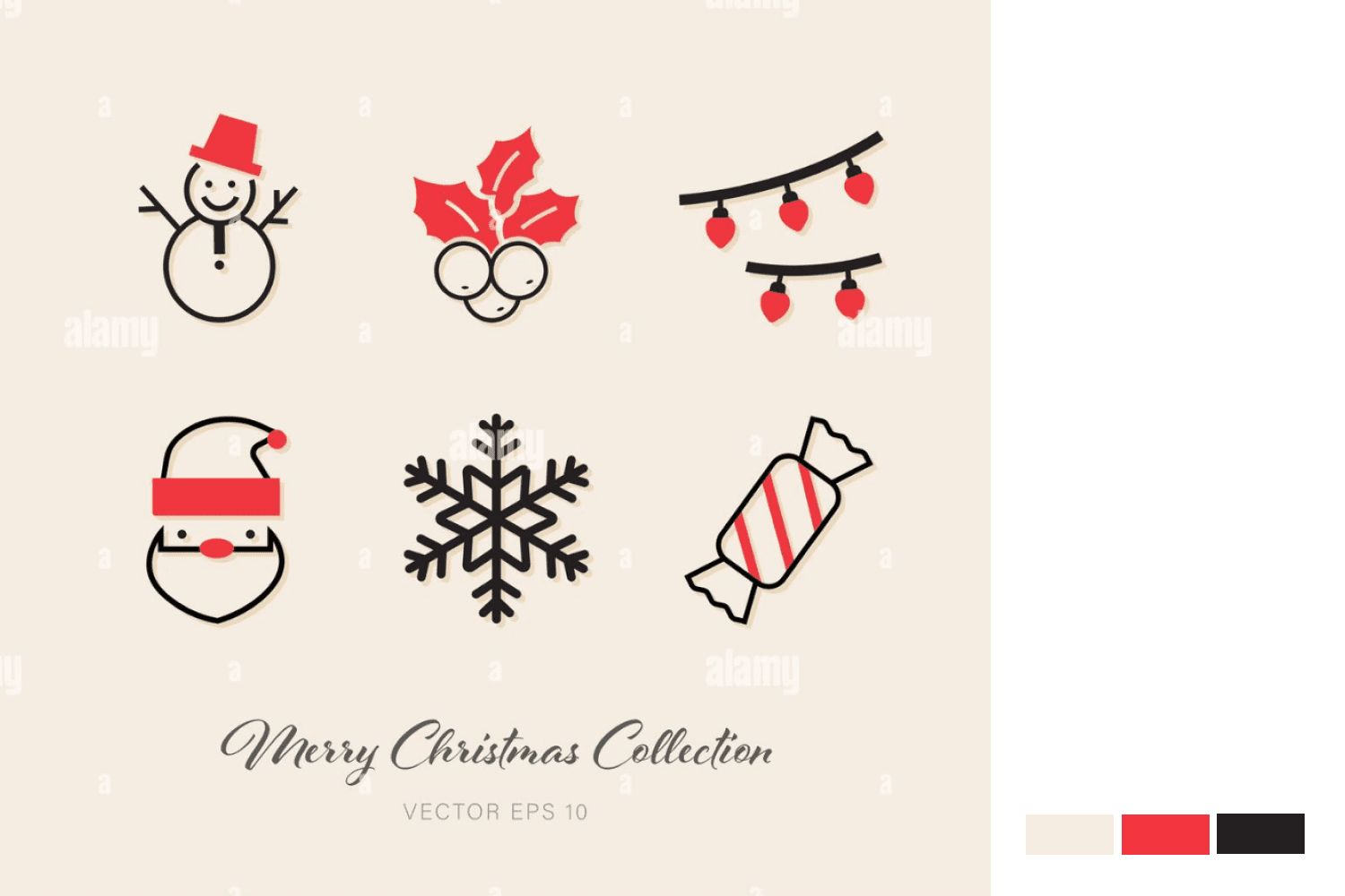 Collage of icons of snowman, snowflake, candy, Santa Claus and Christmas toys.