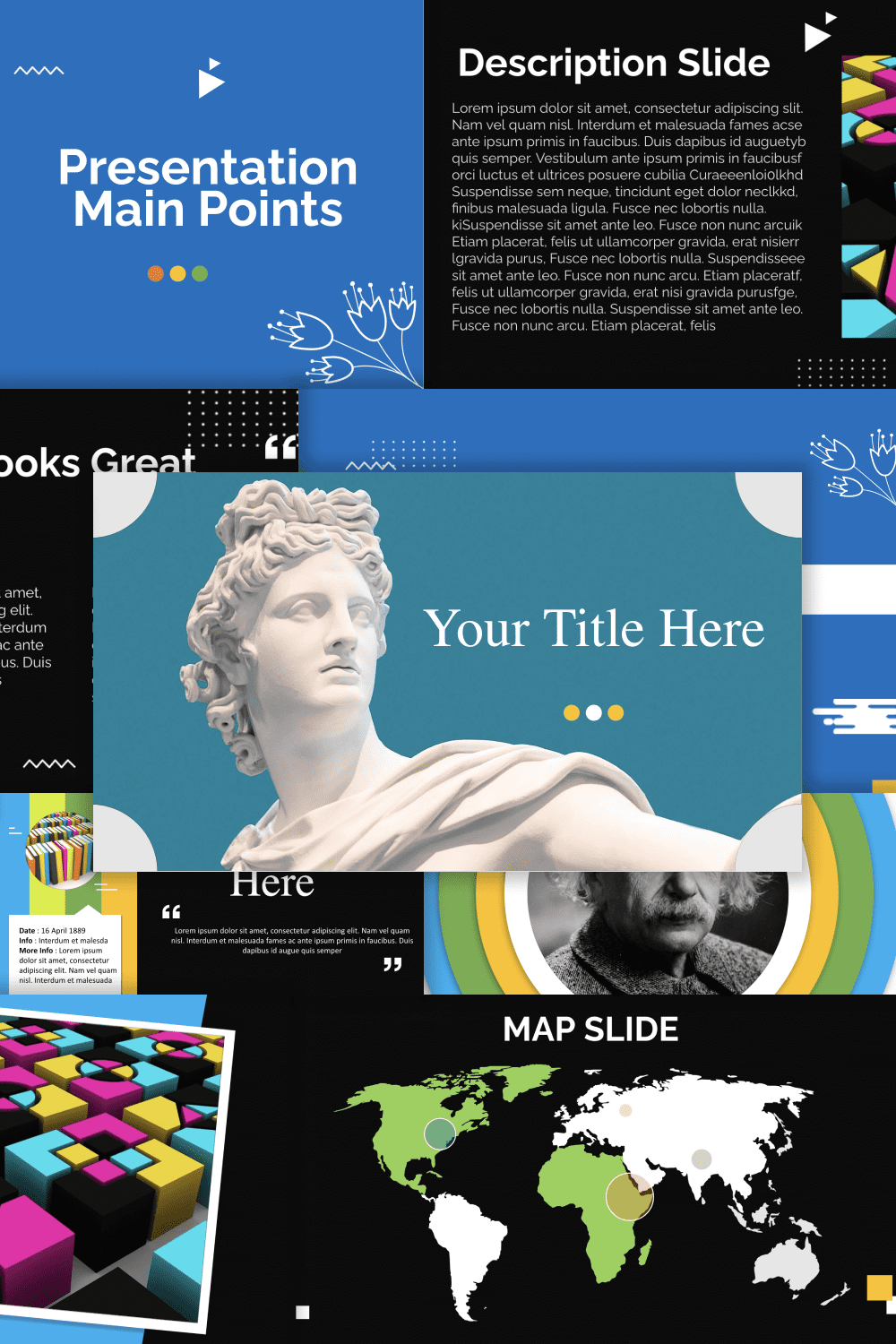 Collage of presentation pages with photo of statues, Einstein and world map.