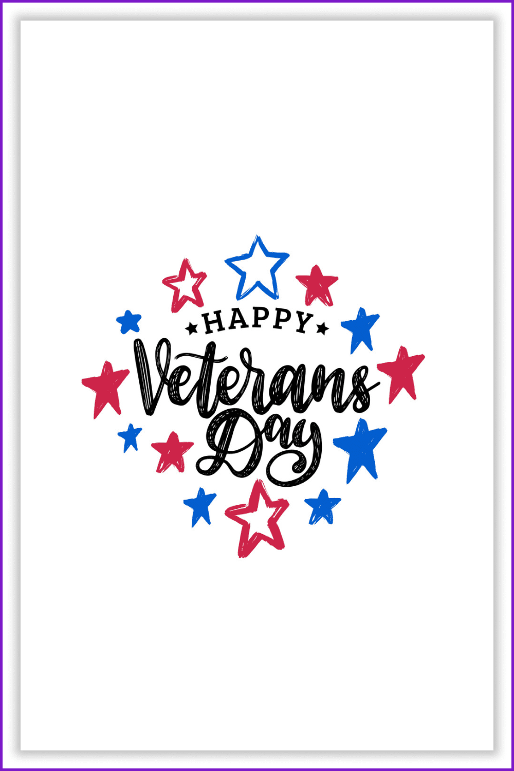 Happy Veterans Day Hand Lettering surrounded by red and blue stars.