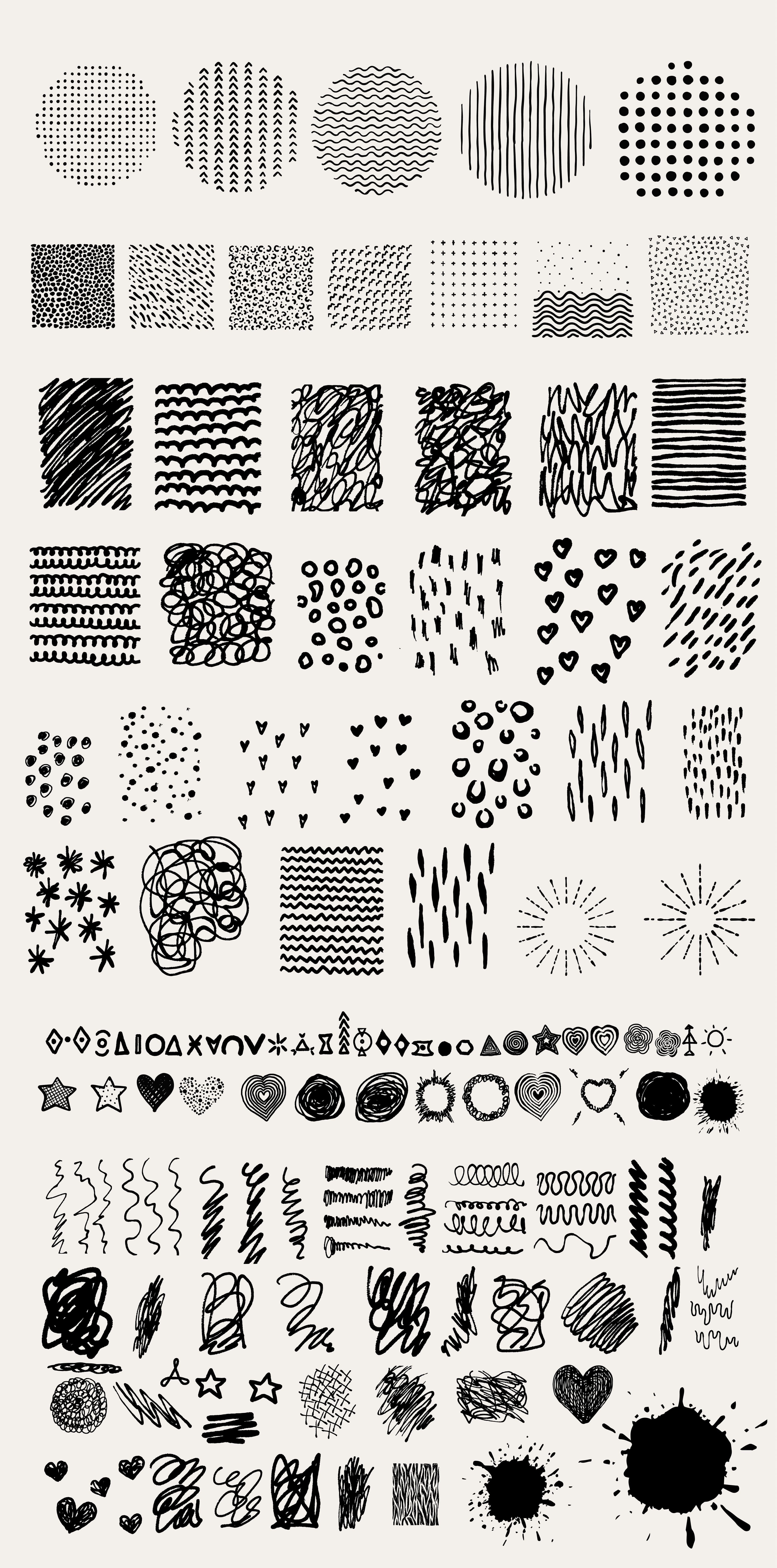 Clipart of 136 different black and dark gray inks.