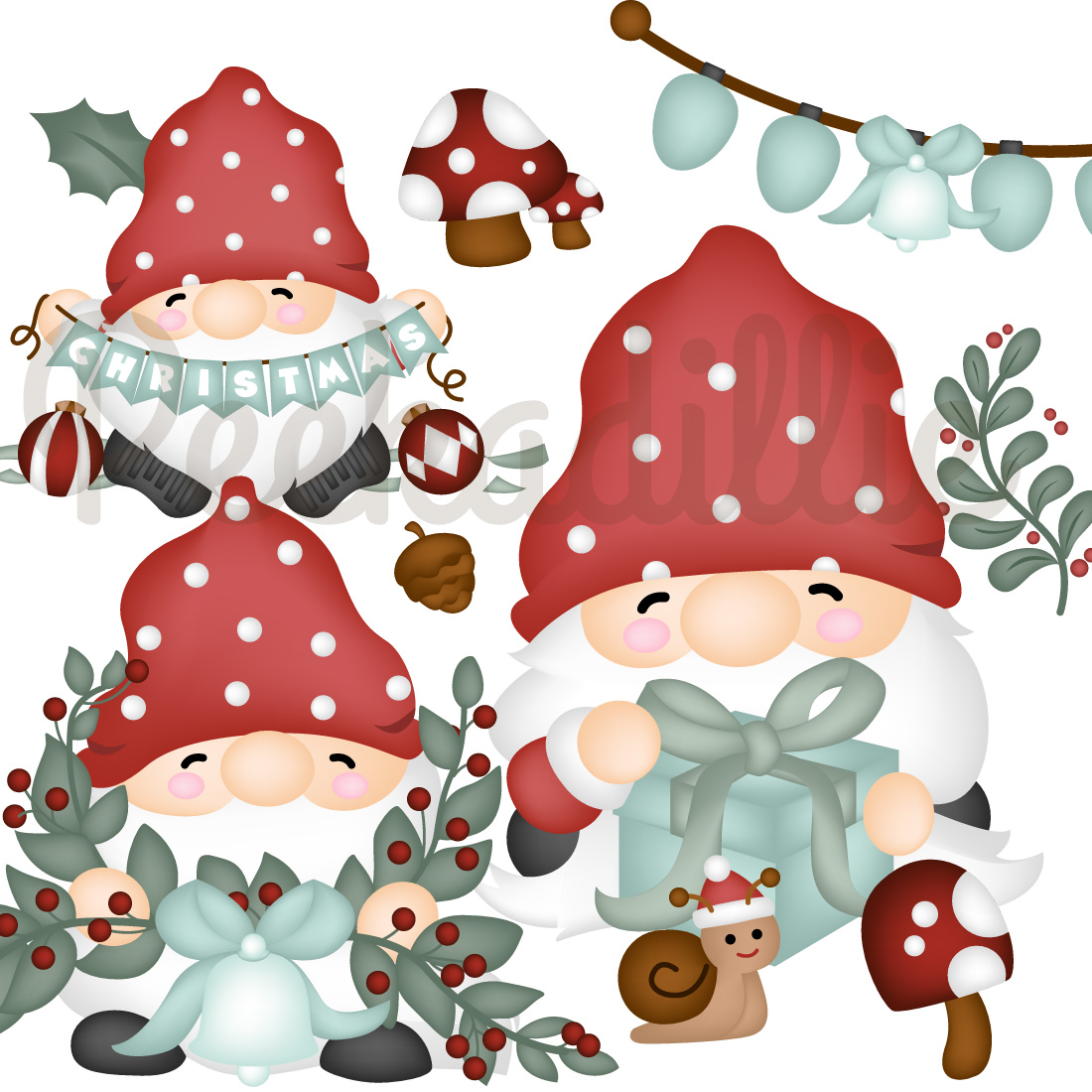 Set of exquisite images of Christmas gnomes.
