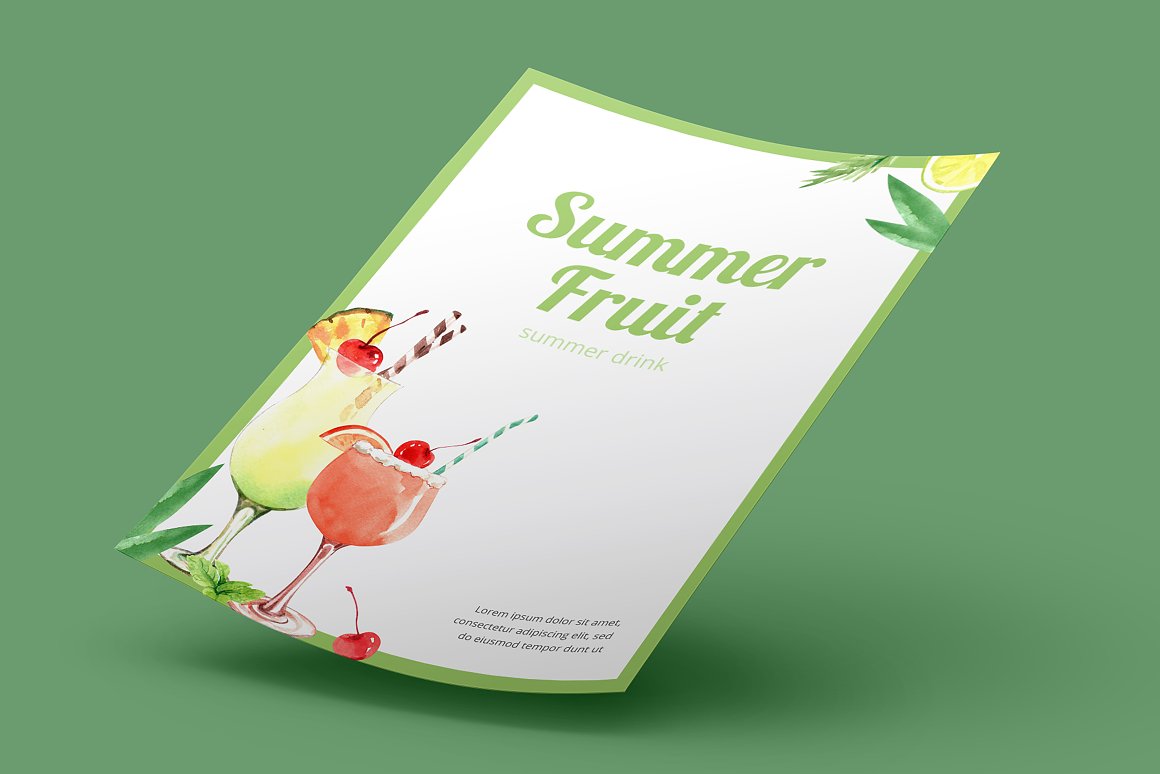 White poster with green lettering "Summer Fruit" and 2 illustrations of drinks on a green background.