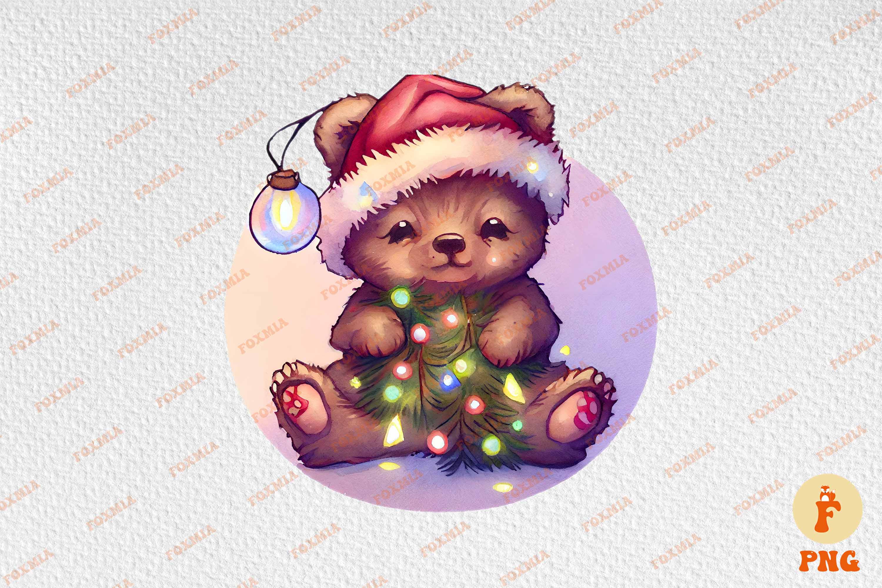 Colorful image of a teddy bear in santa's hat.