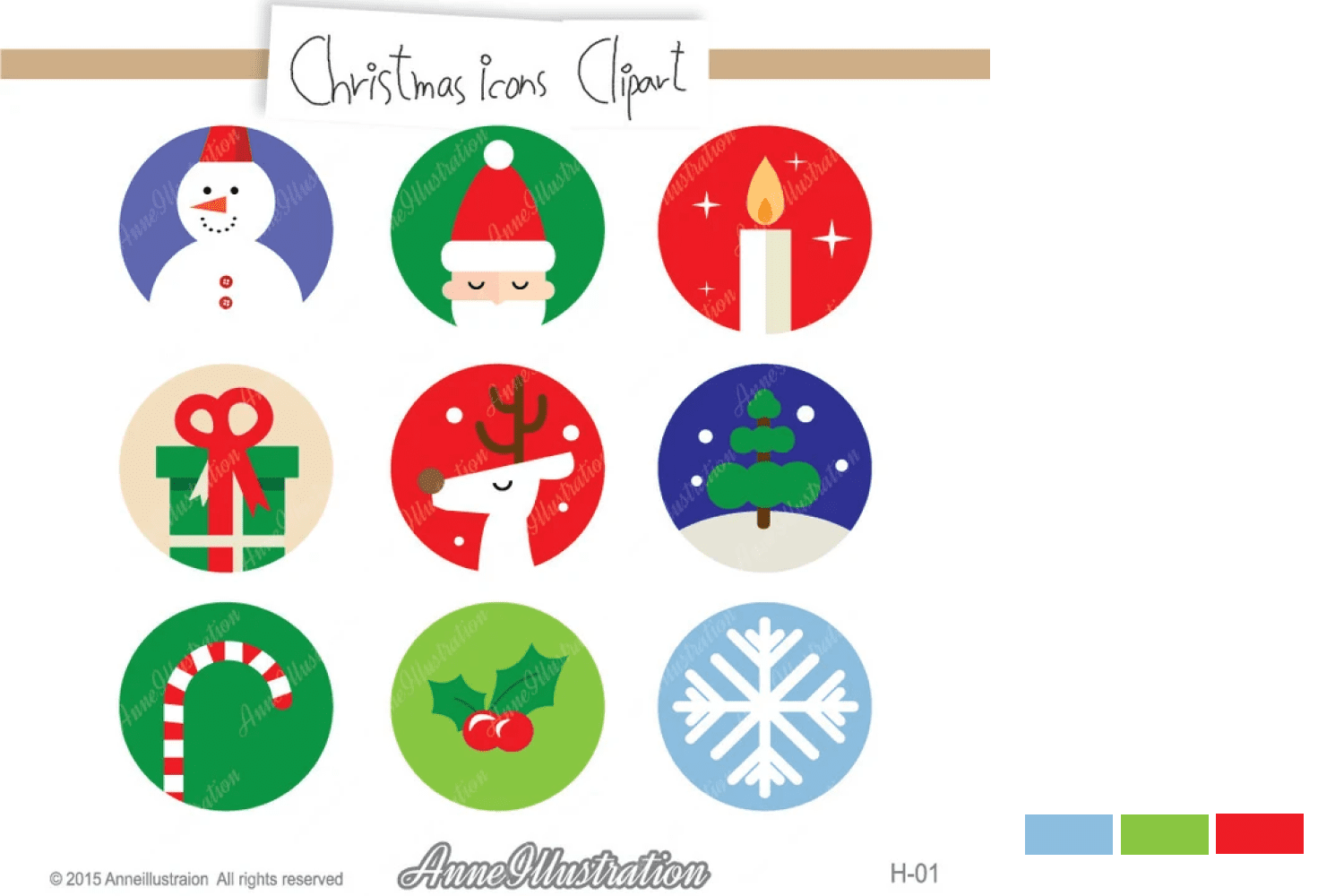 Collage with 9 Christmas icons of a rounded shape with Santa, Snowmen, tree, gift packs.