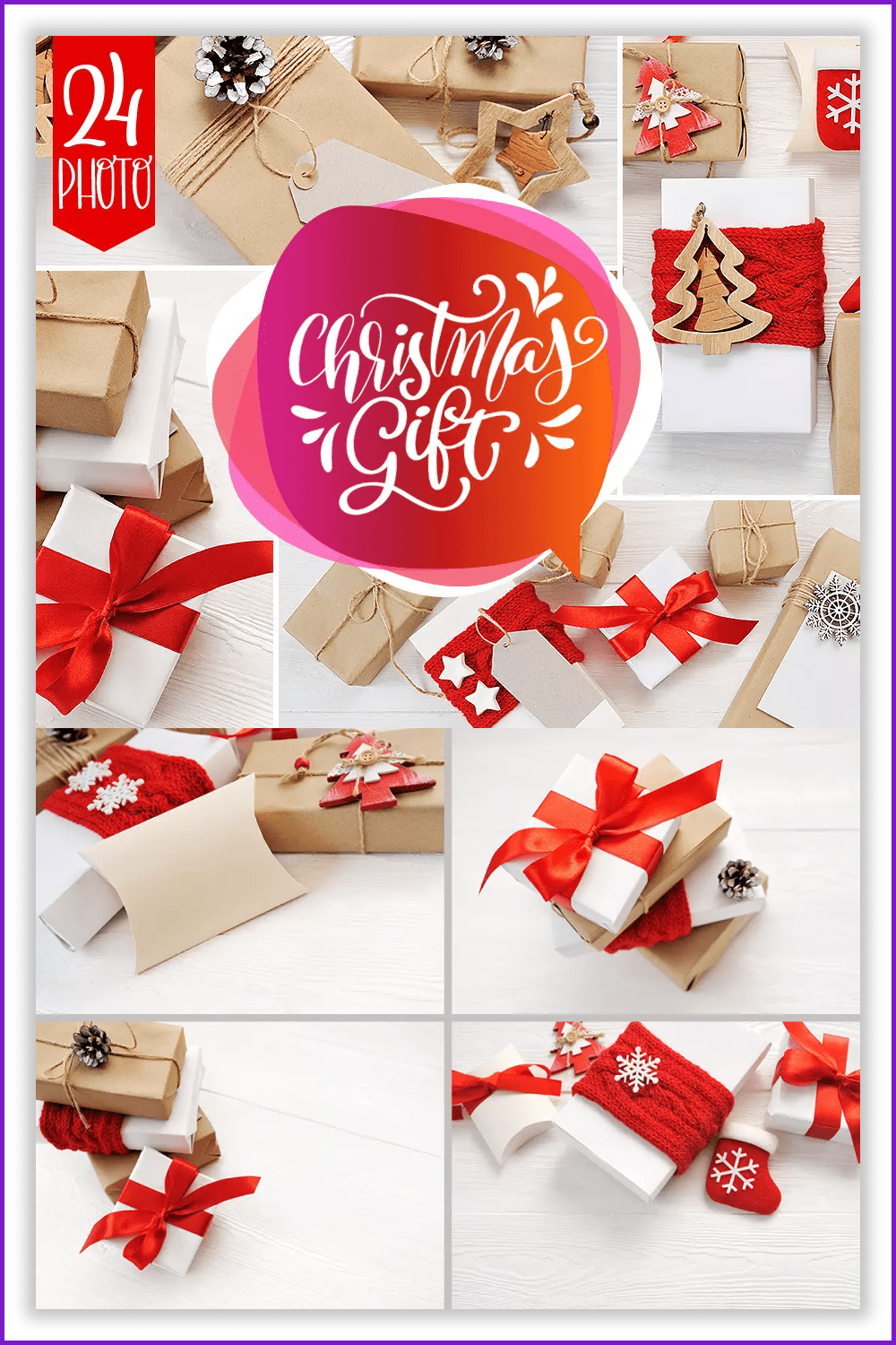 Collage of bright photos of gift boxes with red bows.