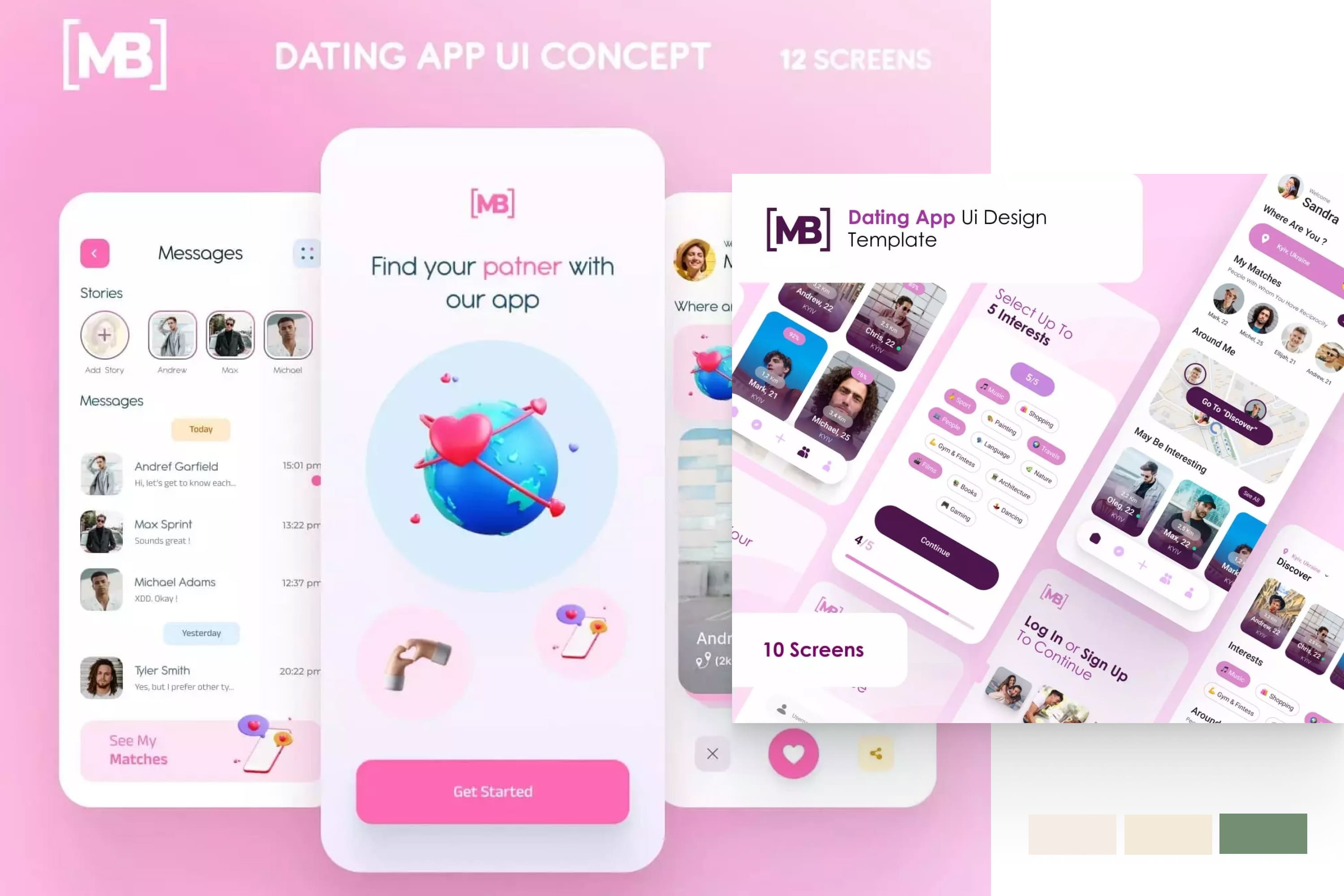 A collage of pink dating app screenshots.