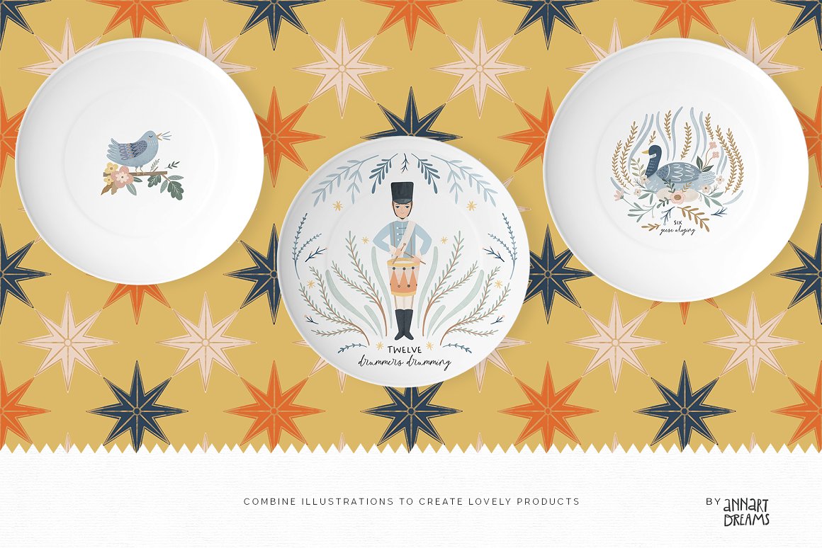 3 white plates with beautiful illustrations on the yellow background with stars.