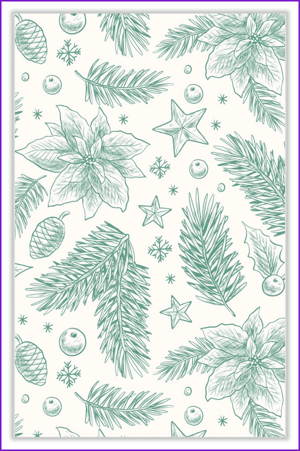 Realistic hand-drawn Christmas pattern with spruce branches, cones, stars.