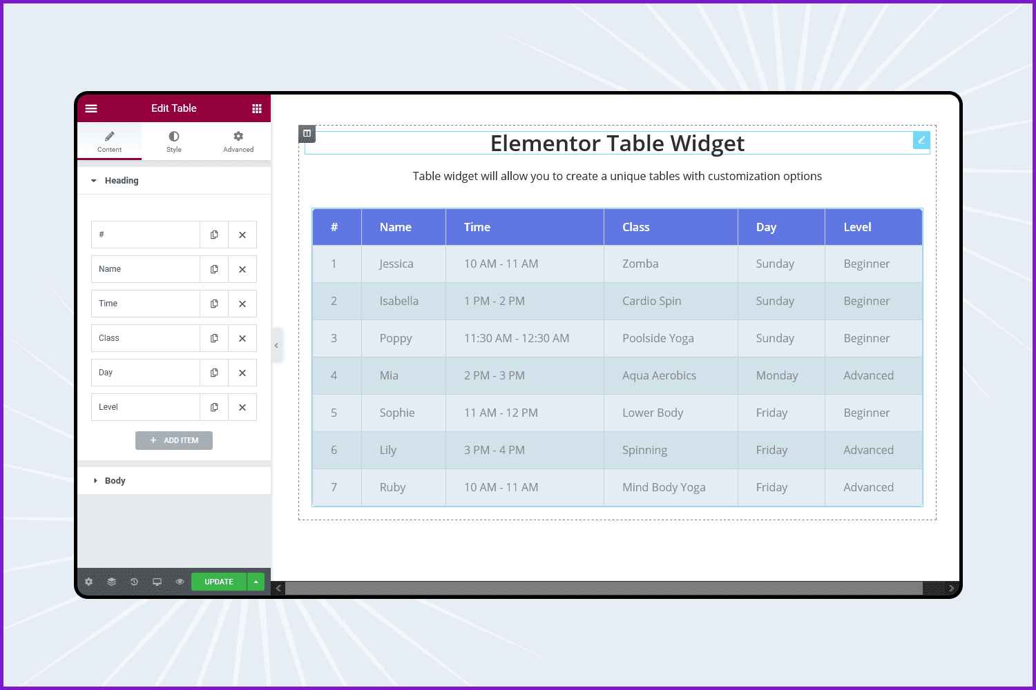 Screenshot of the Elementor Table Widget.