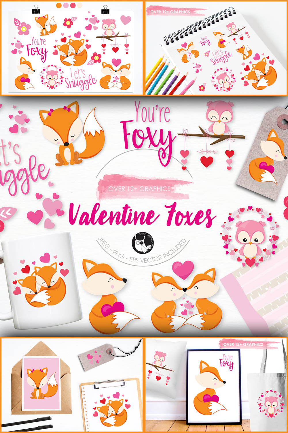 Valentine foxes illustration pack - pinterest image preview.