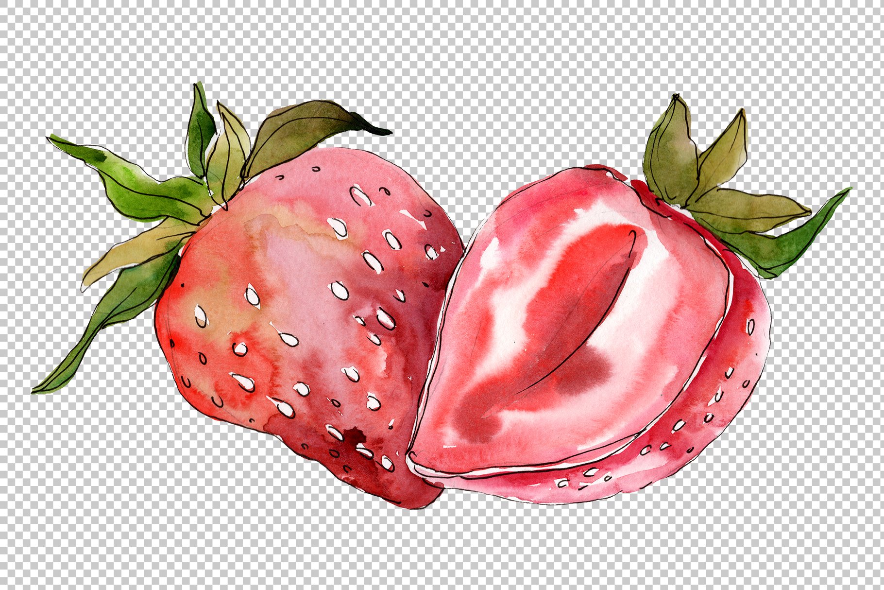 Two watercolor strawberries on a transparent background.
