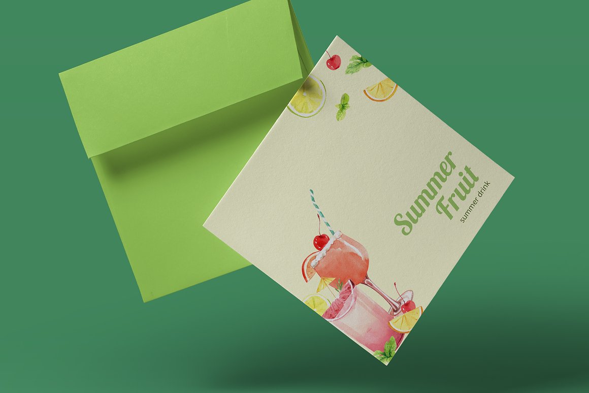 White card with green lettering "Summer Fruit" and 2 illustrations of drinks on a green background, and green envelope.