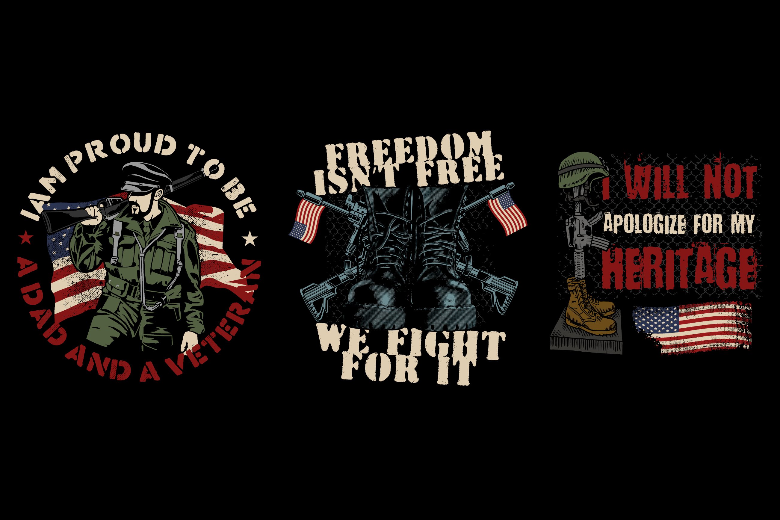 Black background with the three veterans illustrations.