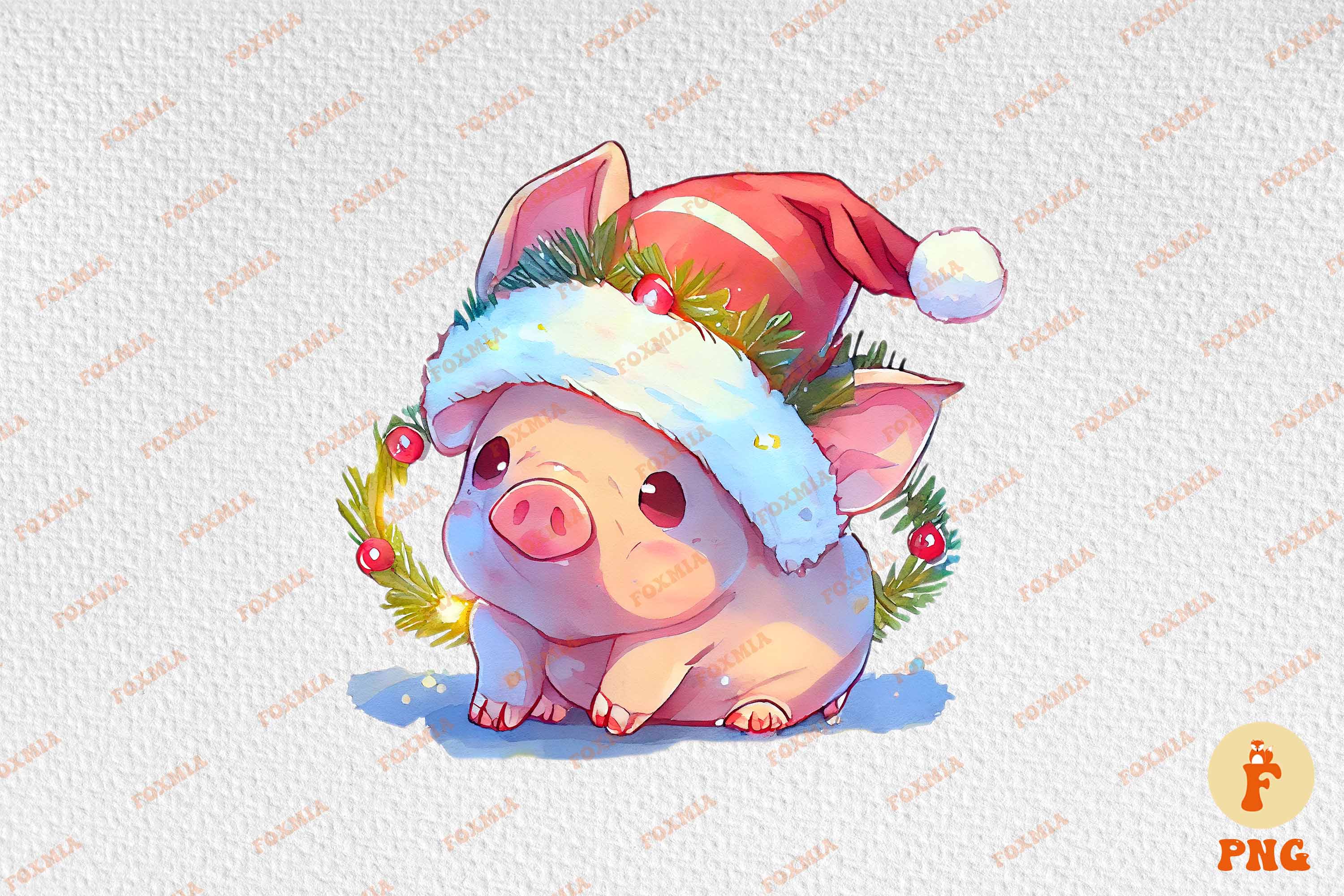 A beautiful image of a pig in a Santa hat.