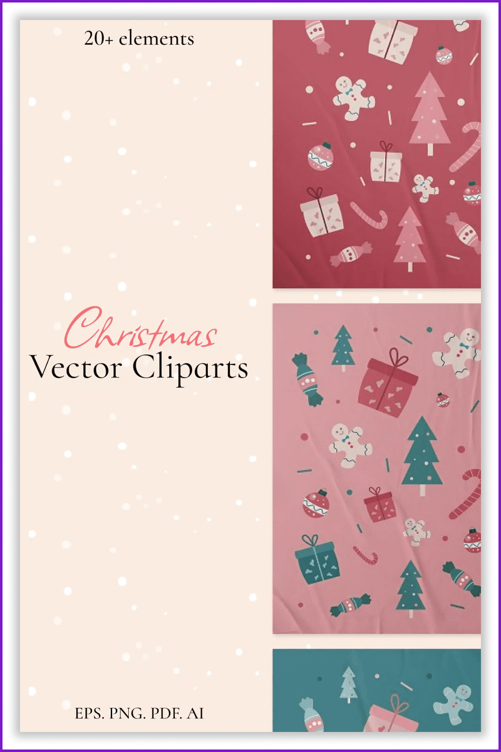 Collage of images of Christmas symbols on pink, red and green backgrounds.