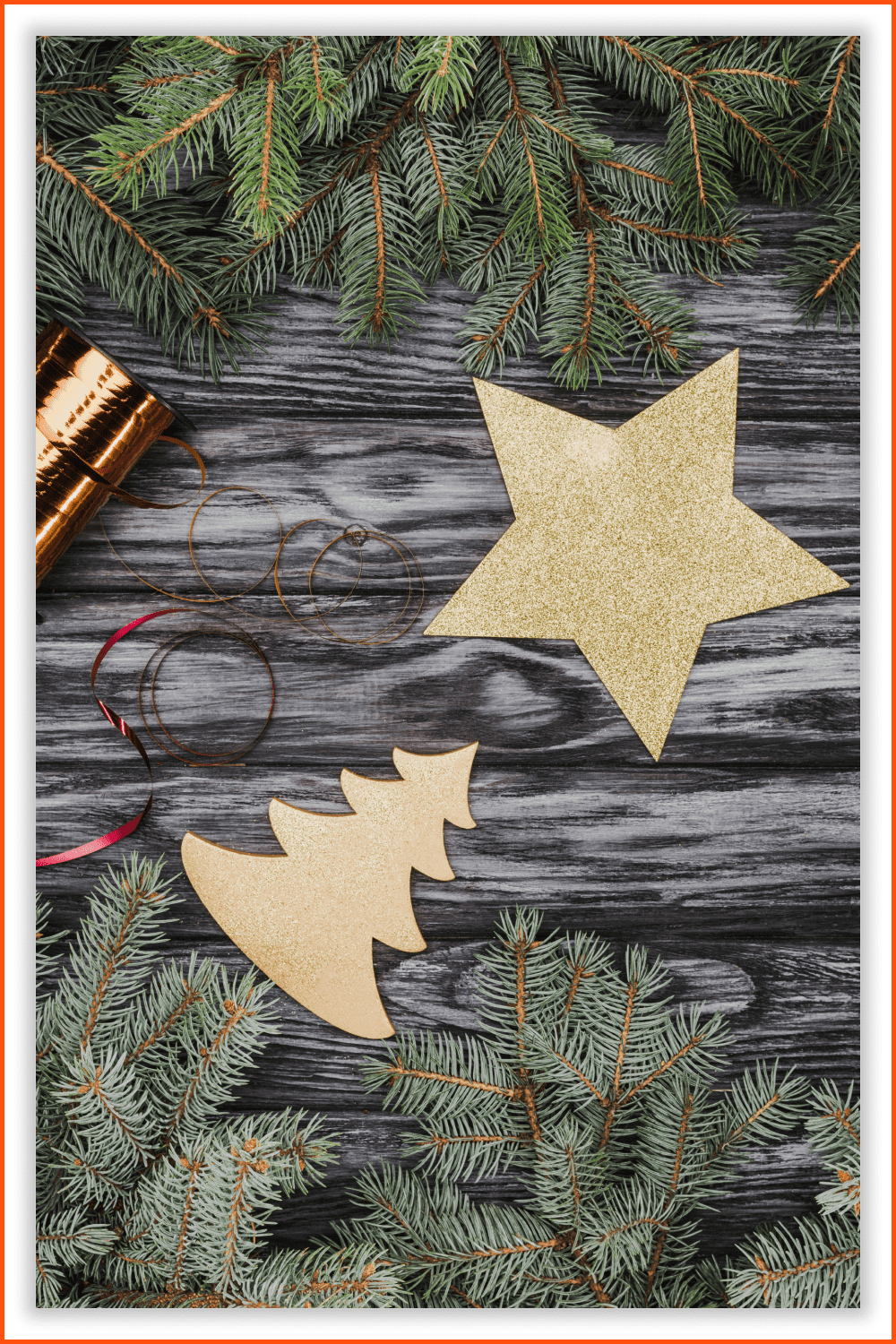 Photo of a branches, paper stars and trees, gifts, and bright ribbons.