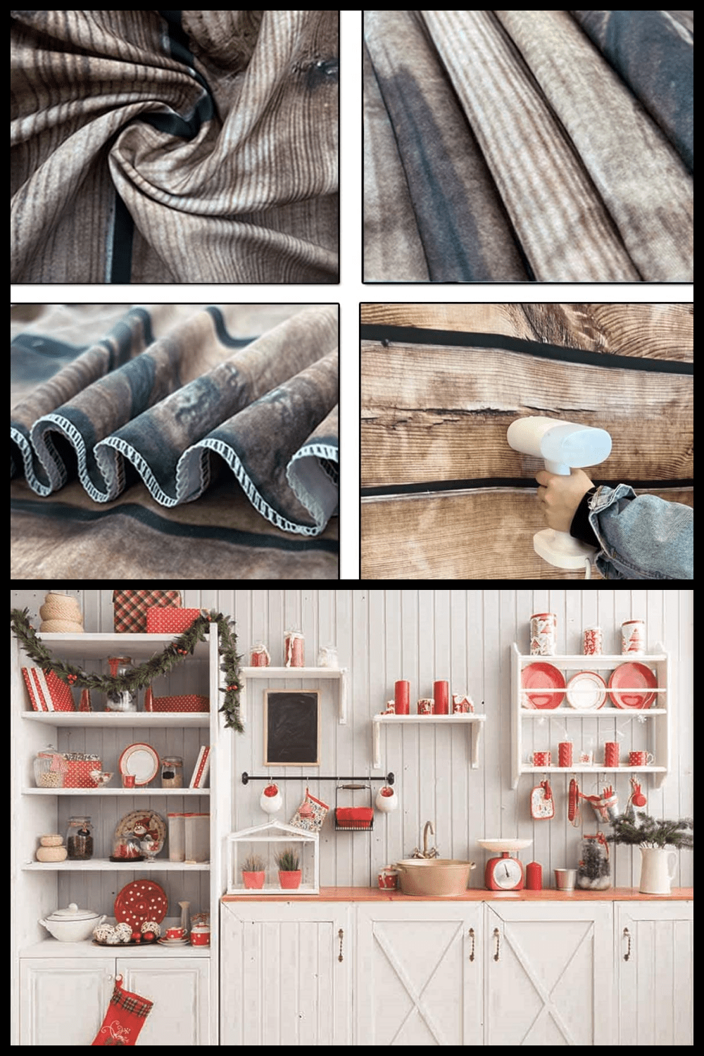 Collage of photos of a white kitchen with red utensils and gray curtains.