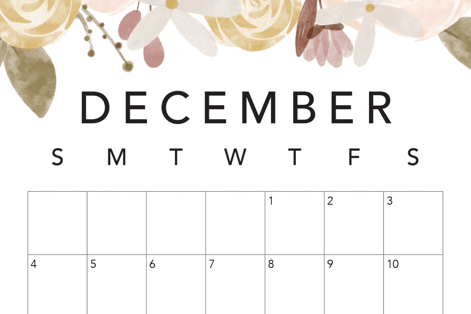 Calendar for december with painted flowers on top.